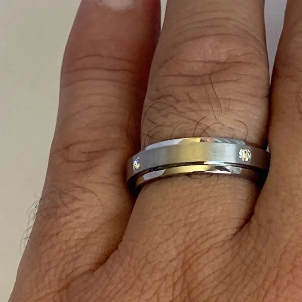 Men’s Spinner Ring Stainless Steel Silver w/ CZ Fidget Band Size 10